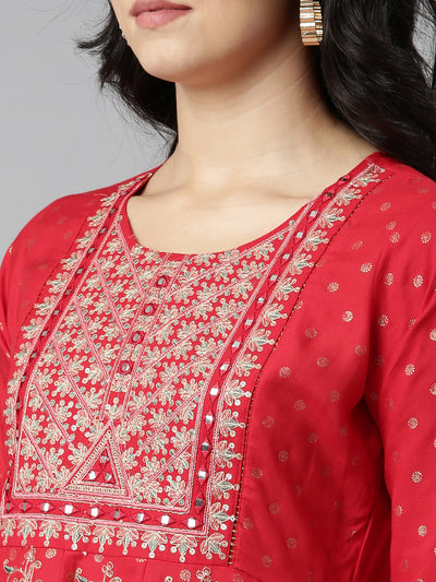 Neeru's Red Regular Straight Embroidered Kurta And Trousers With Dupatta