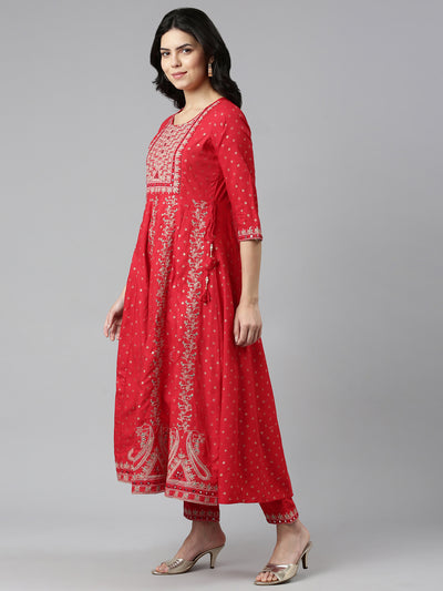 Neeru's Red Regular Straight Embroidered Kurta And Trousers With Dupatta