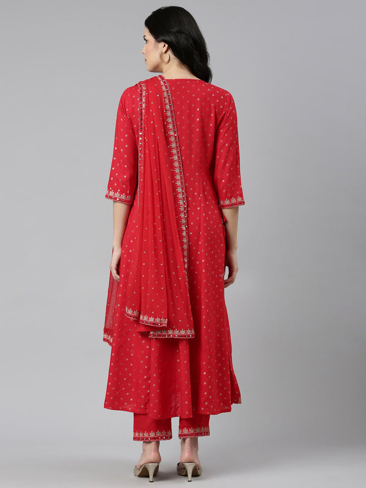 Neerus Red embroidered straight kurta set with trouser and dupatta - side view