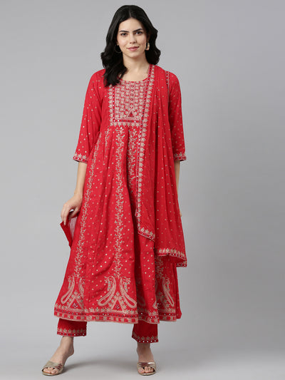 Neeru's Red Regular Straight Embroidered Kurta And Trousers With Dupatta