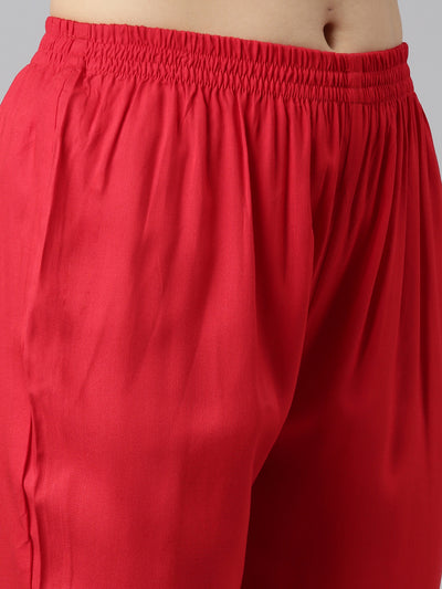 Neerus Red Regular Straight Embroidered Kurta And Trousers With Dupatta
