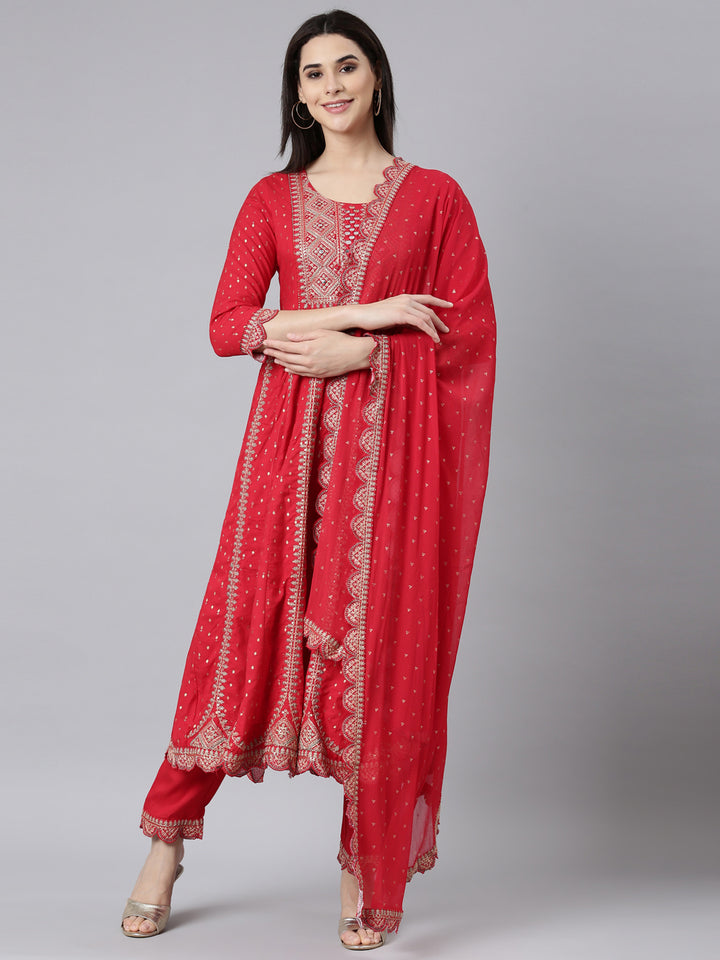 Neerus Red printed ethnic suit set straight kurta with trouser and dupatta - front view