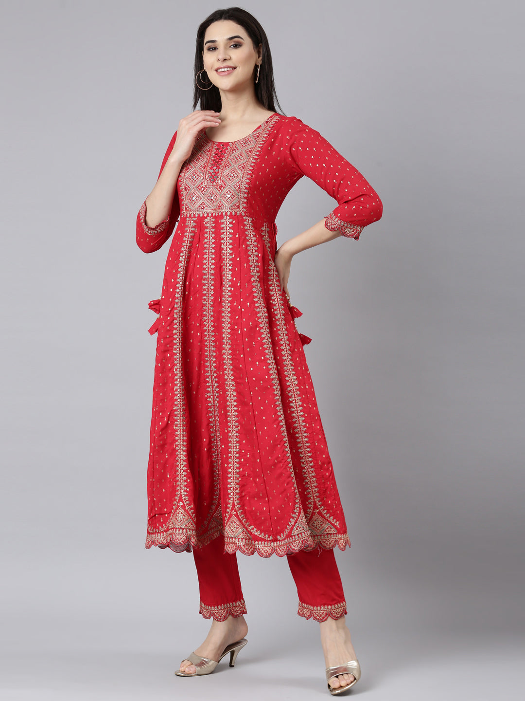 Neerus Red printed ethnic suit set straight kurta with trouser and dupatta - back view