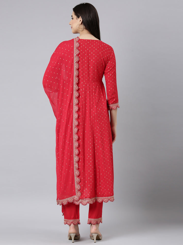 Neerus Red printed ethnic suit set straight kurta with trouser and dupatta - side view