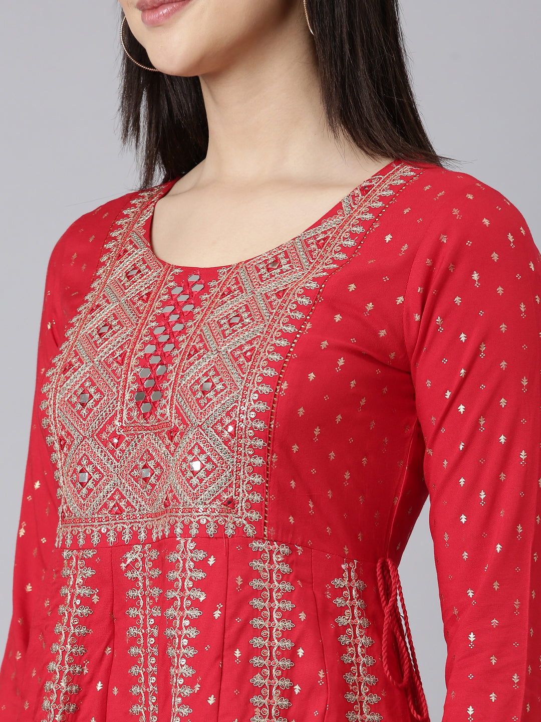 Neerus Red printed ethnic suit set straight kurta with trouser and dupatta - detail view 1