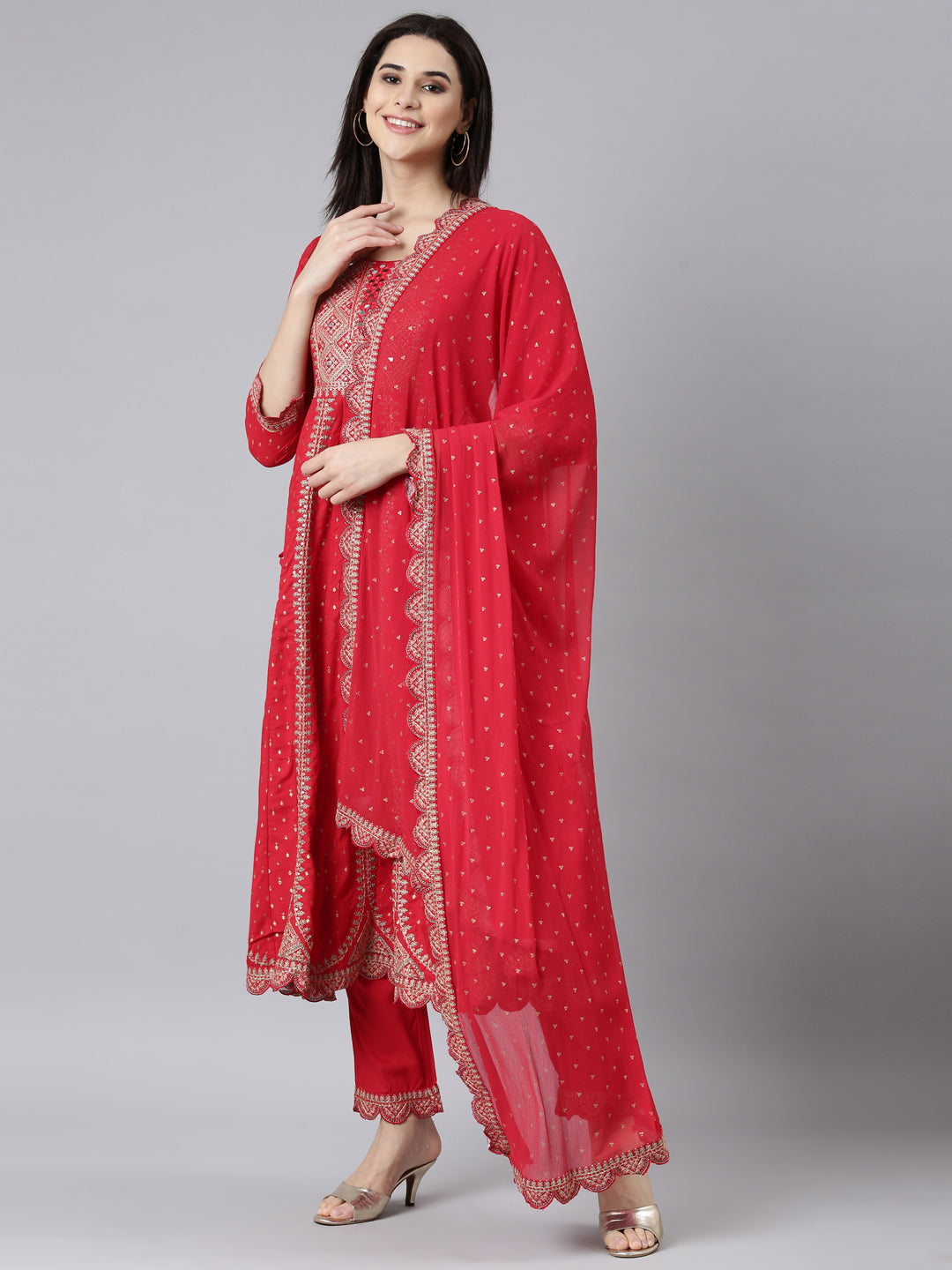 Neerus Red printed ethnic suit set straight kurta with trouser and dupatta - detail view 2