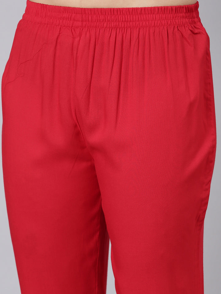 Neerus Red printed ethnic suit set straight kurta with trouser and dupatta - detail view 3