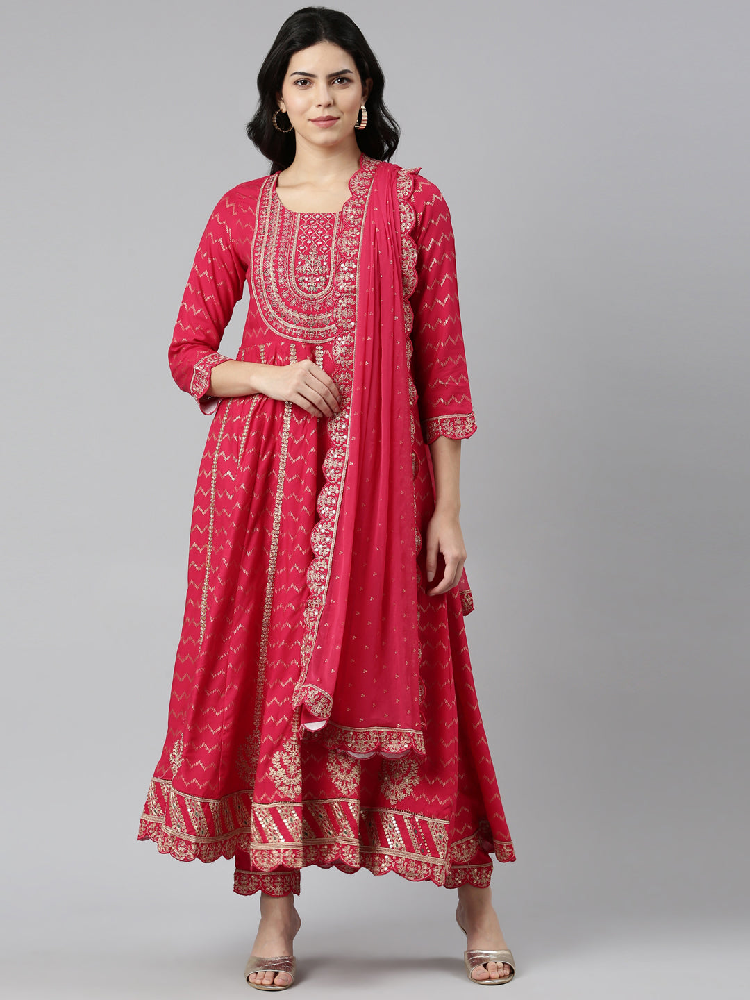 Neerus Pink printed straight kurta set with trouser and dupatta - front view