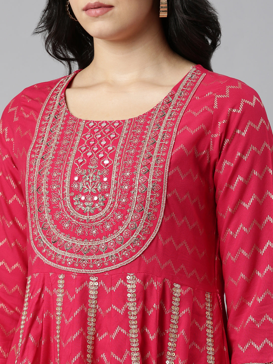 Neerus Pink printed straight kurta set with trouser and dupatta - detail view 1