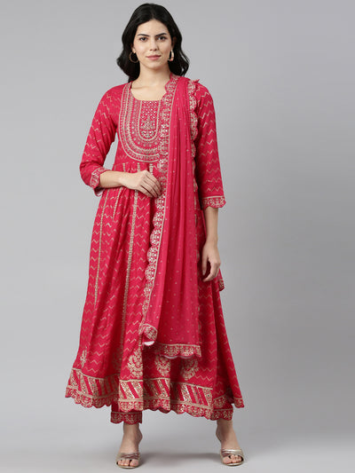 Neerus Pink Regular Straight Printed Kurta And Trousers With Dupatta