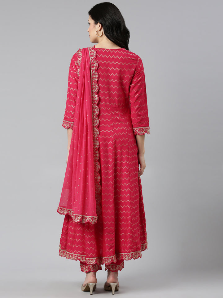 Neerus Pink printed straight kurta set with trouser and dupatta - side view