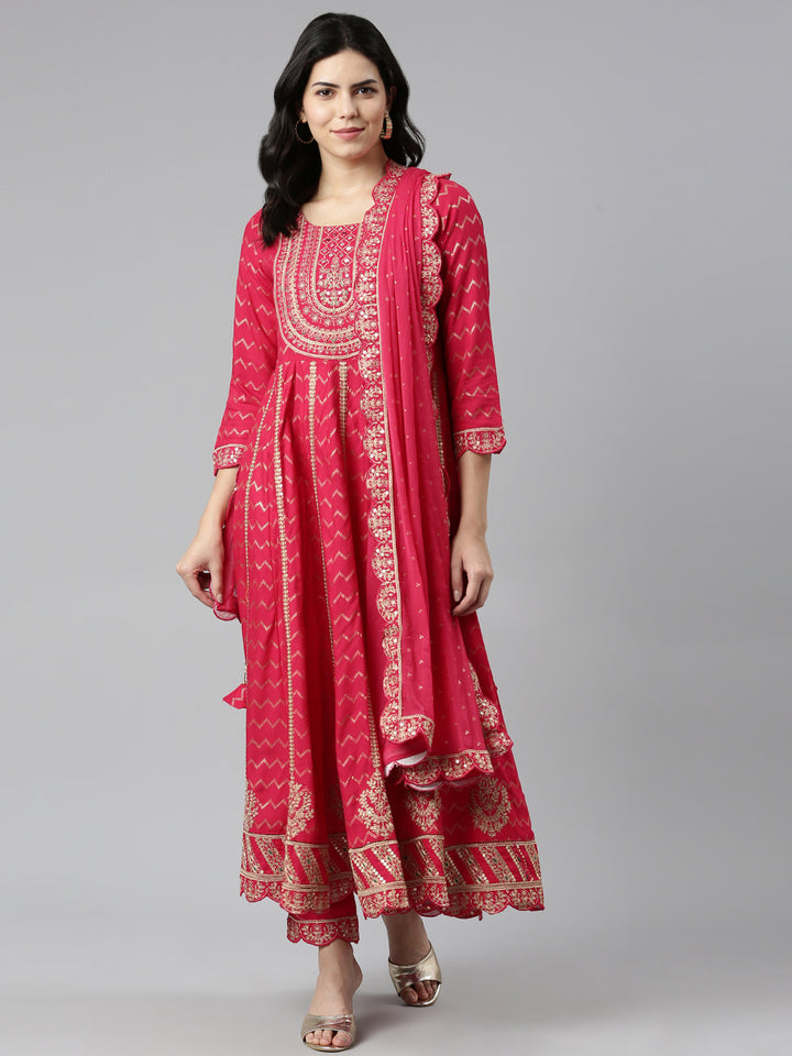 Neerus Pink printed straight kurta set with trouser and dupatta - detail view 2