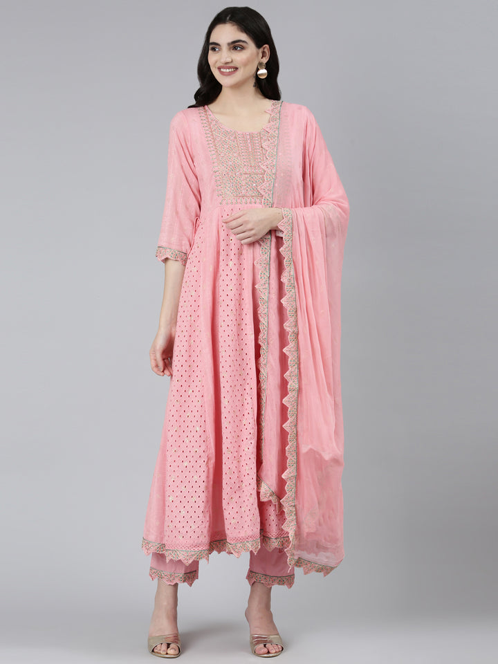 Neerus Pink printed ethnic straight kurta set with trouser and dupatta - front view