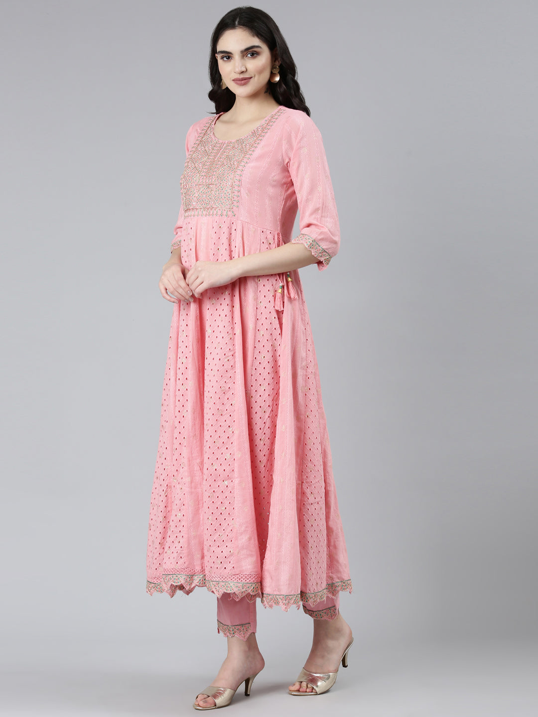 Neerus Pink printed ethnic straight kurta set with trouser and dupatta - back view