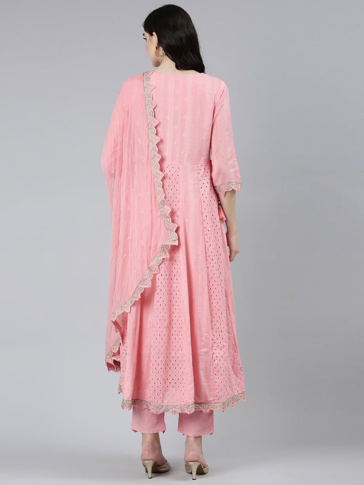 Neerus Pink printed ethnic straight kurta set with trouser and dupatta - side view
