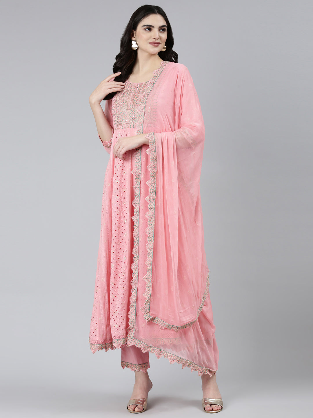 Neerus Pink printed ethnic straight kurta set with trouser and dupatta - detail view 2