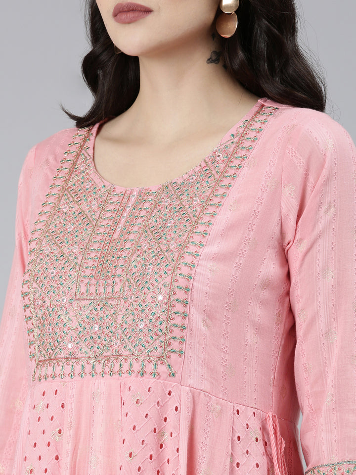 Neerus Pink printed ethnic straight kurta set with trouser and dupatta - detail view 1