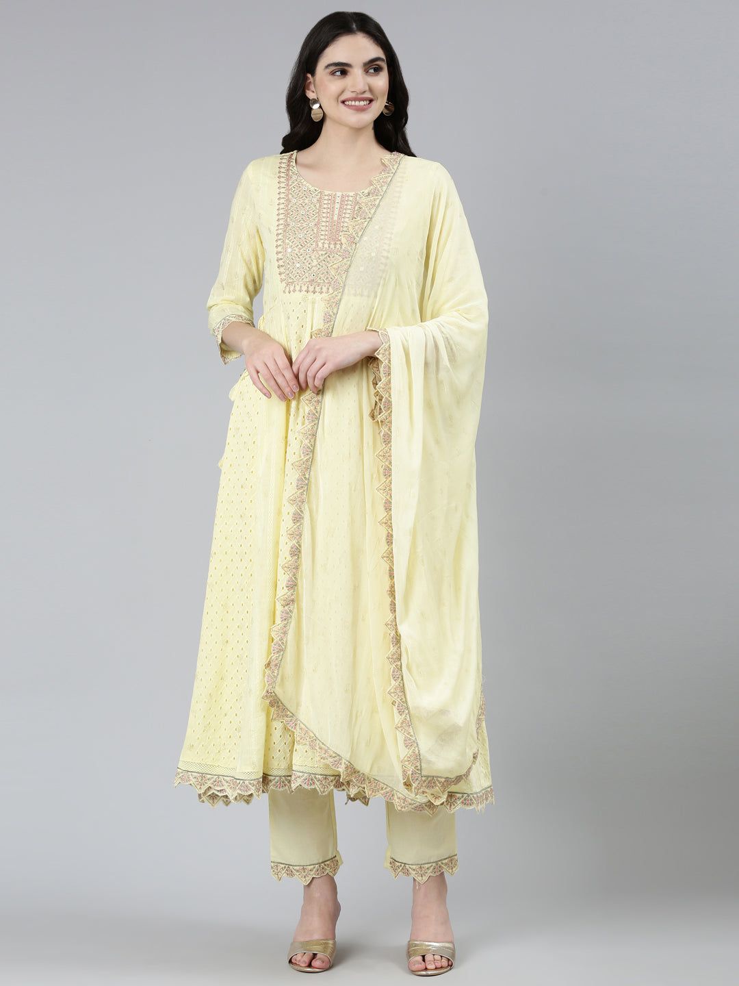 Neeru's Yellow Regular Straight Ethnic Motifs Kurta Sets And Trousers With Dupatta