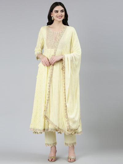 Neeru's Yellow Regular Straight Ethnic Motifs Kurta Sets And Trousers With Dupatta