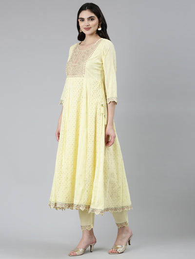 Neeru's Yellow Regular Straight Ethnic Motifs Kurta Sets And Trousers With Dupatta