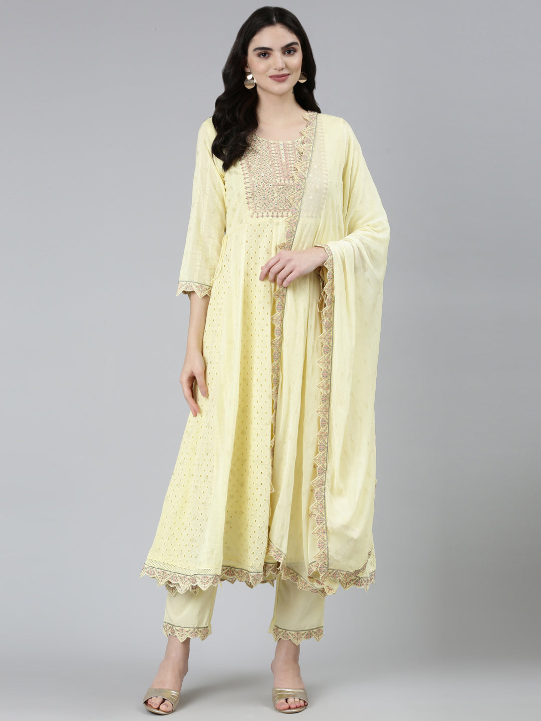 Neeru's Yellow Regular Straight Ethnic Motifs Kurta Sets And Trousers With Dupatta