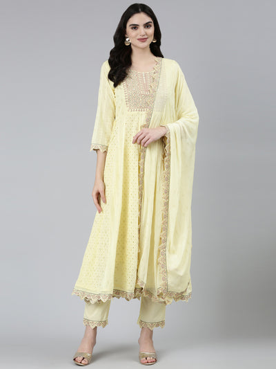 Neeru's Yellow Regular Straight Ethnic Motifs Kurta Sets And Trousers With Dupatta