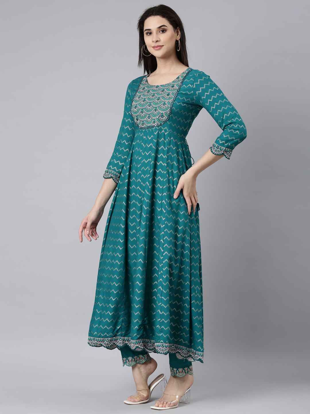 Neerus Blue Regular Straight Chevron Kurta And Trousers With Dupatta