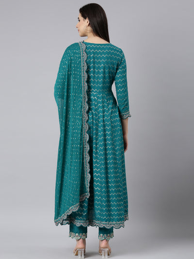 Neerus Blue Regular Straight Chevron Kurta And Trousers With Dupatta