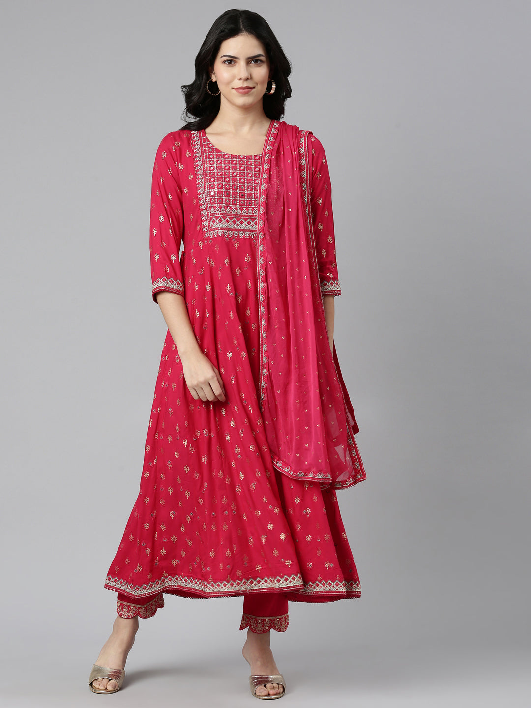 Neerus Pink printed straight kurta set with dupatta - front view