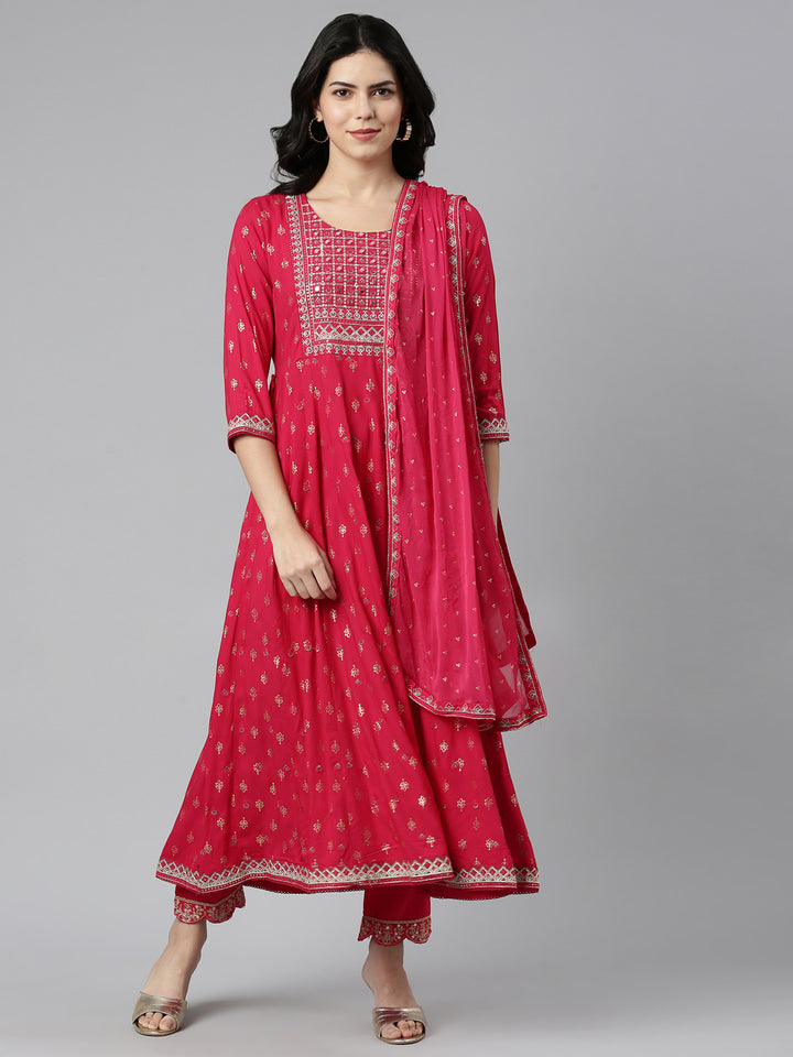 Neerus Pink printed straight kurta set with dupatta - front view