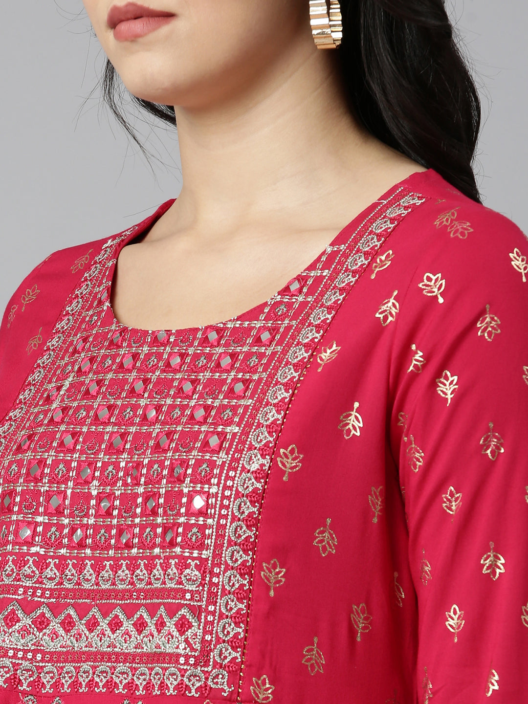 Neerus Pink printed straight kurta set with dupatta - detail view 1