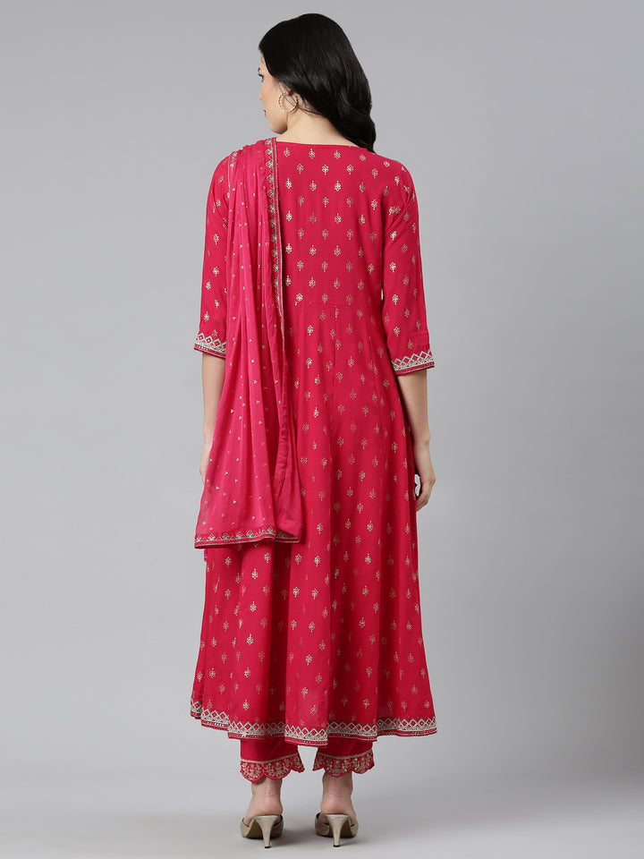 Neerus Pink printed straight kurta set with dupatta - side view