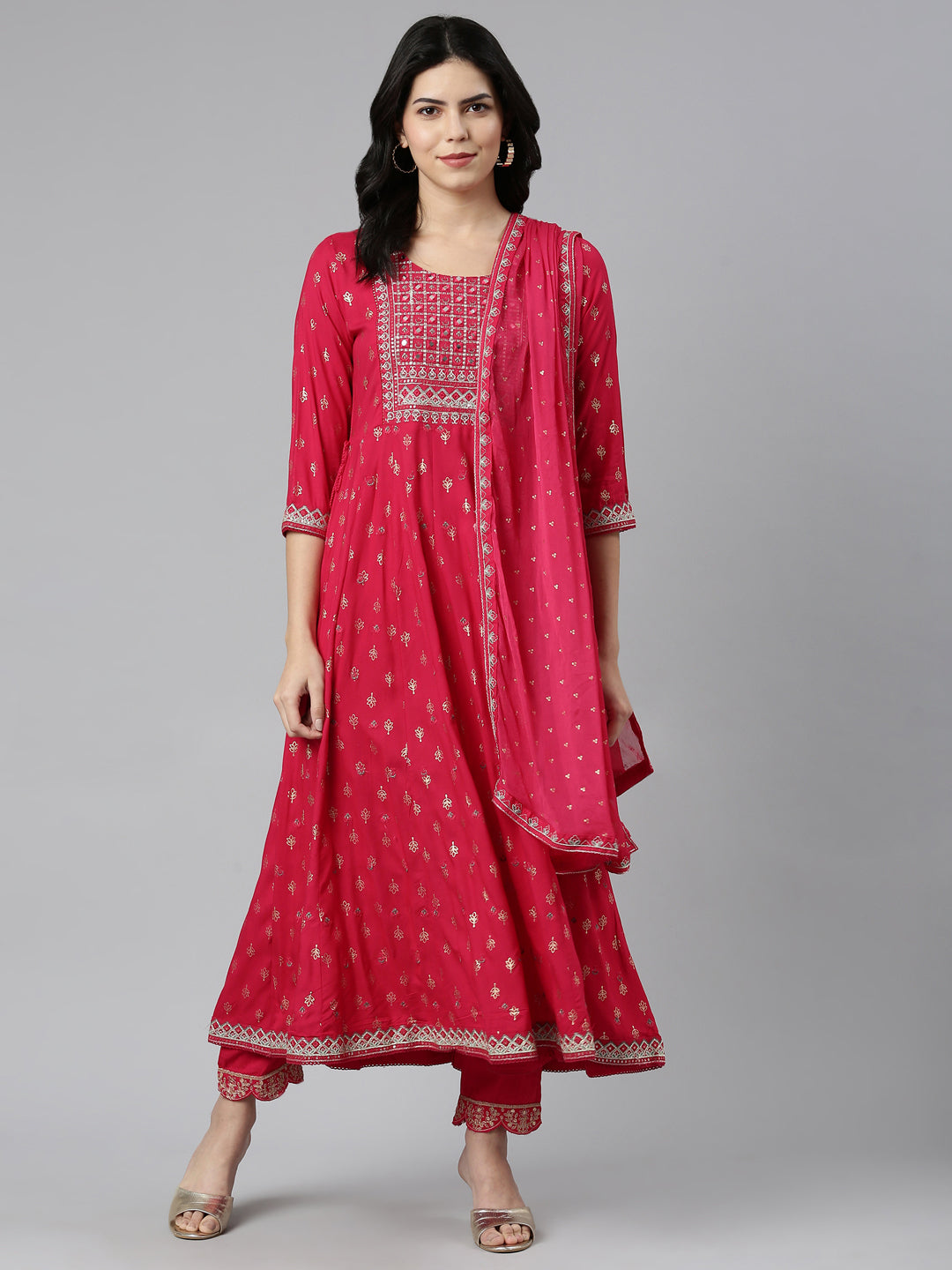 Neerus Pink printed straight kurta set with dupatta - detail view 2