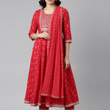 Neerus Red Regular Straight Printed Kurta And Trousers With Dupatta