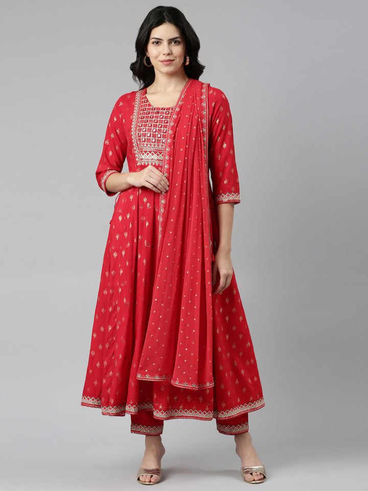 Neerus Red Regular Straight Printed Kurta And Trousers With Dupatta