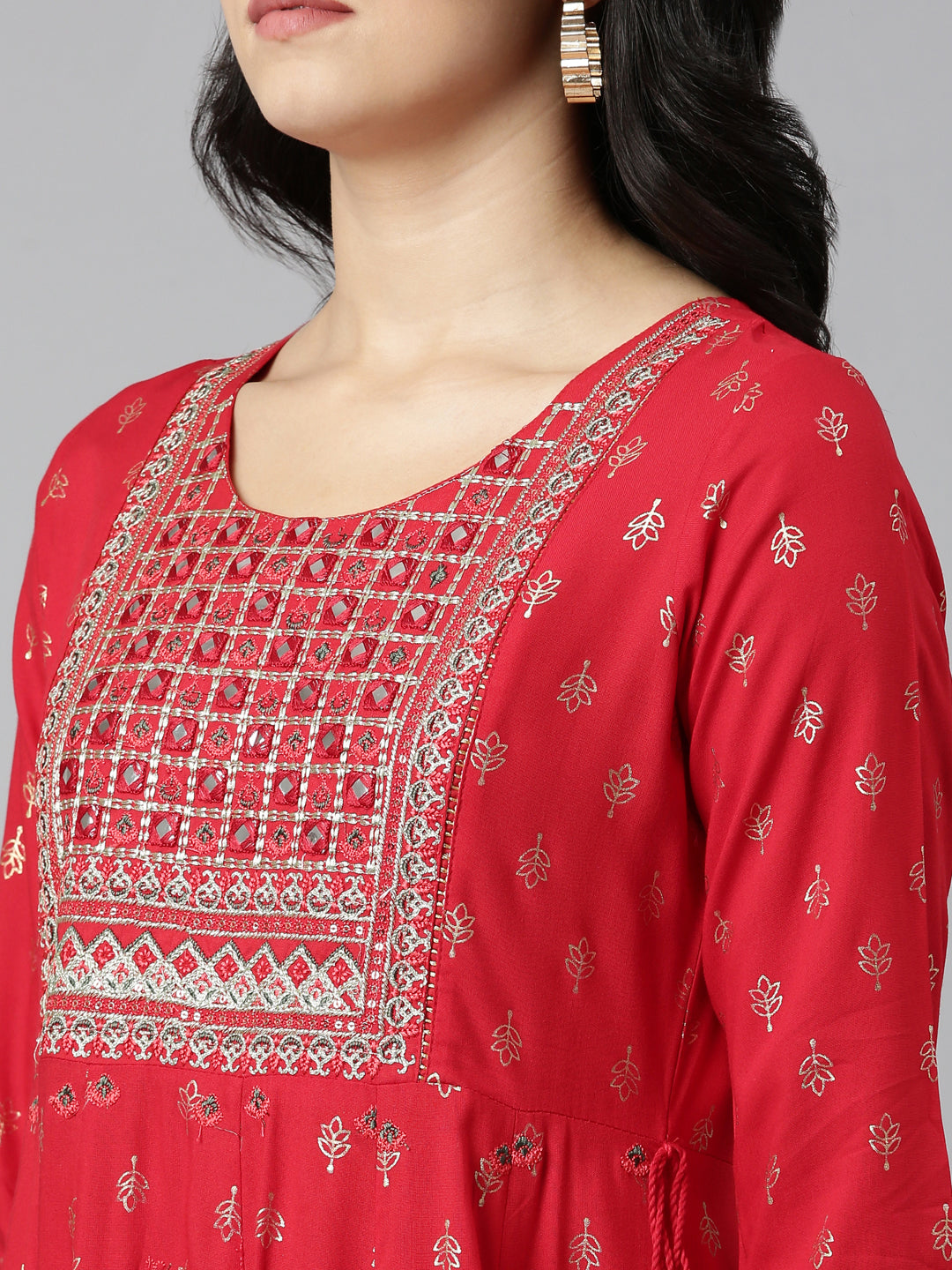 Neerus Red Regular Straight Printed Kurta And Trousers With Dupatta
