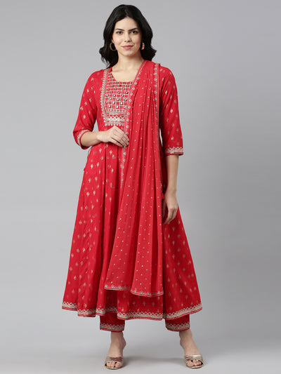 Neeru's Red Regular Straight Printed Kurta And Trousers With Dupatta