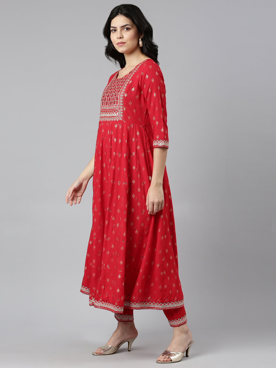 Neerus Red Regular Straight Printed Kurta And Trousers With Dupatta