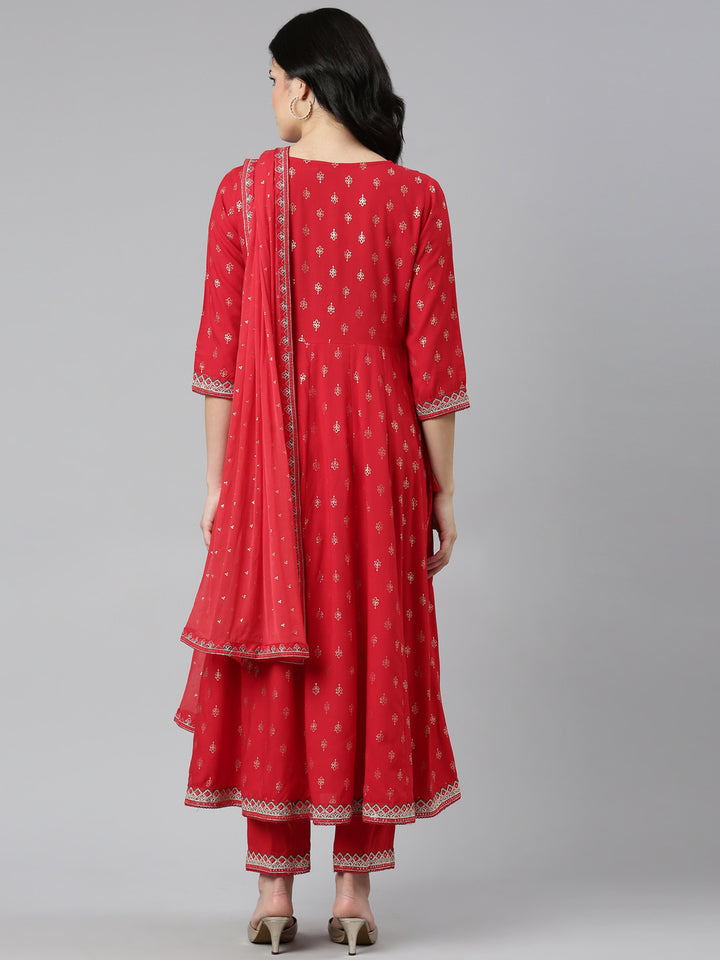Neerus Red Regular Straight Printed Kurta And Trousers With Dupatta