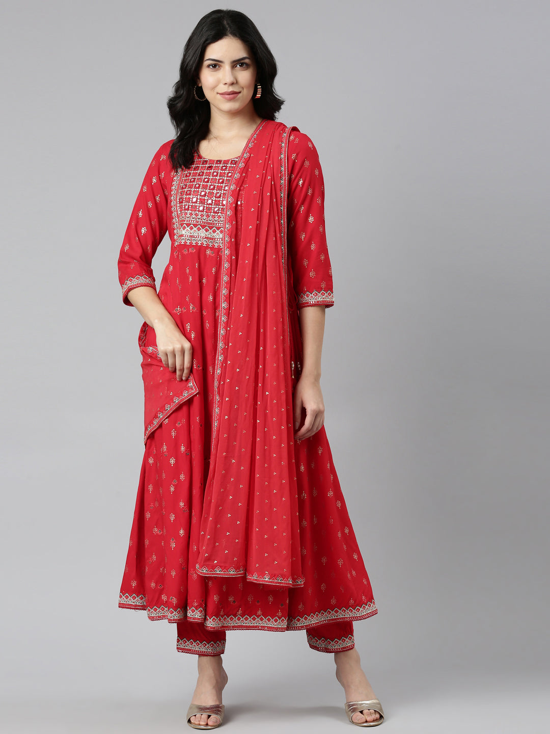 Neerus Red Regular Straight Printed Kurta And Trousers With Dupatta