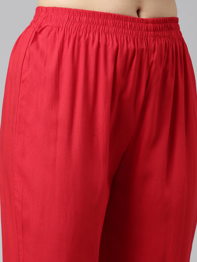 Neerus Red Regular Straight Printed Kurta And Trousers With Dupatta
