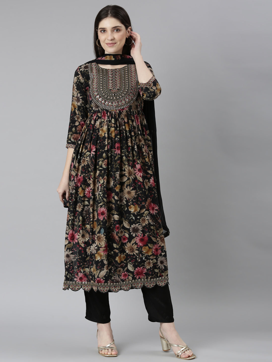 Neerus Black floral printed straight kurta set - front view