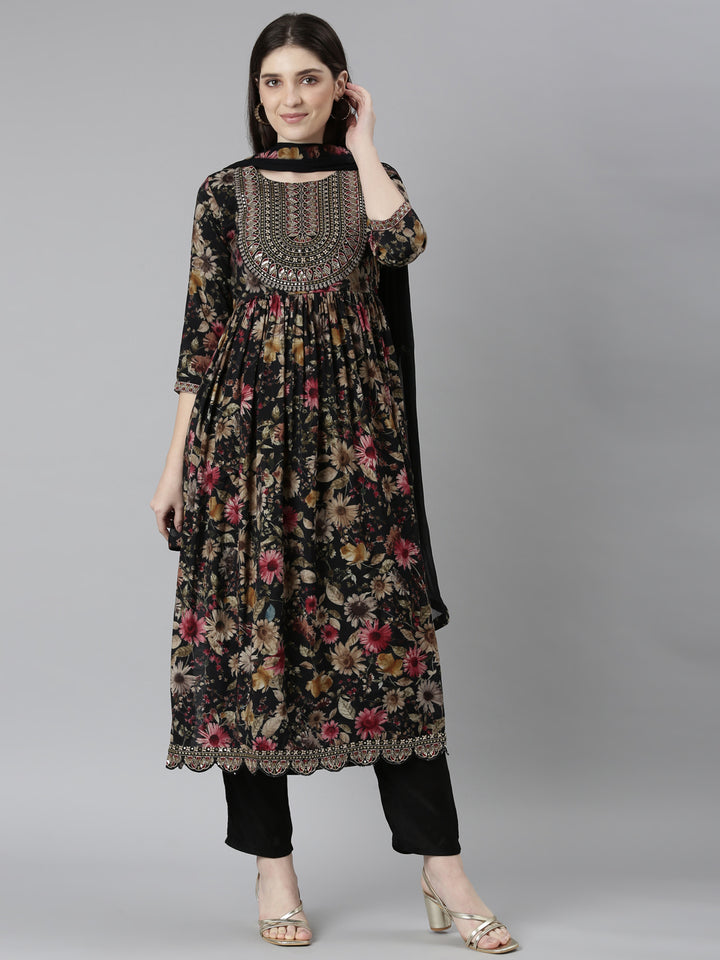 Neerus Black floral printed straight kurta set - front view
