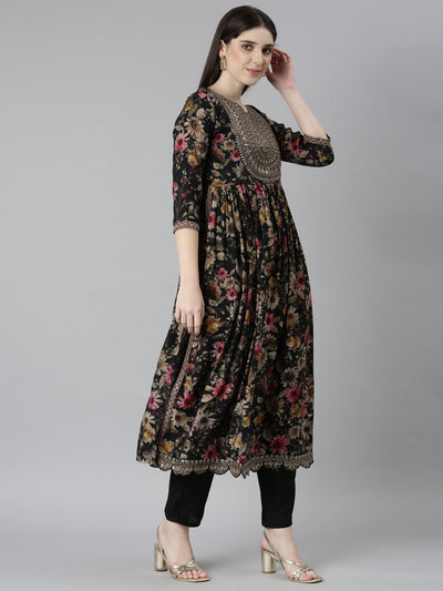 Neeru's Black Regular Straight Floral Readymade Suits