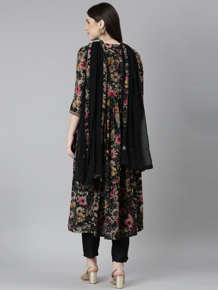 Neerus Black floral printed straight kurta set - side view