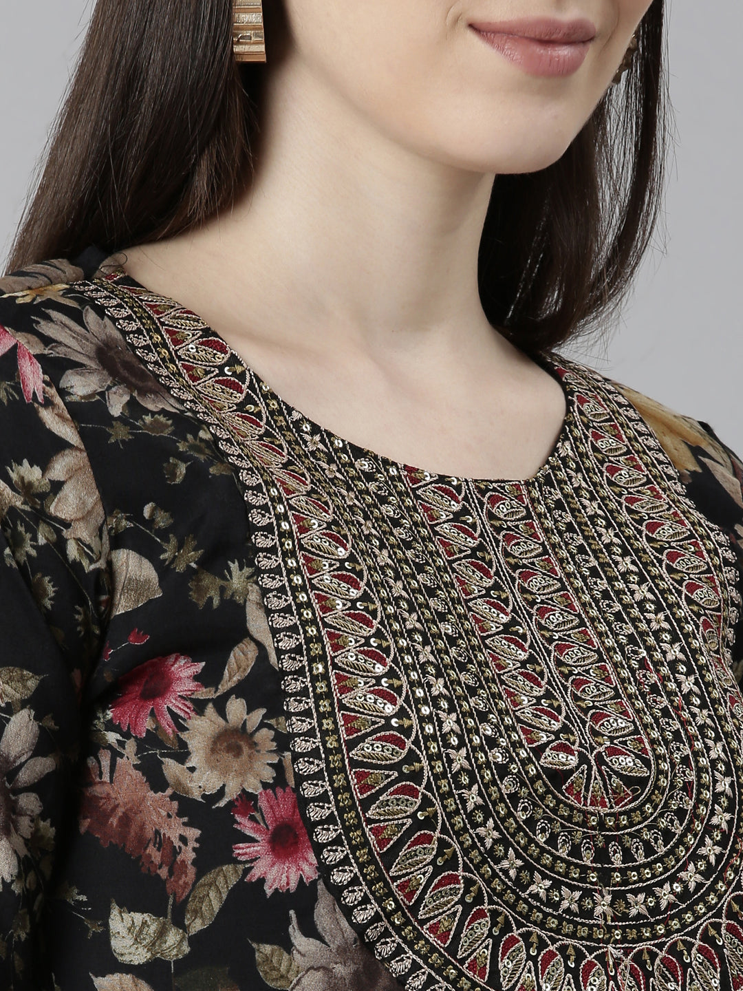 Neerus Black floral printed straight kurta set - detail view 1