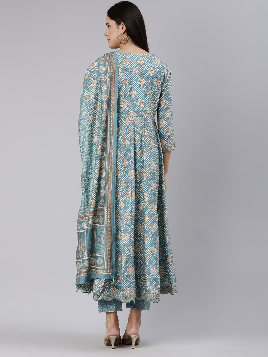 Neerus Blue Shantoon straight kurta set yoke design - side view