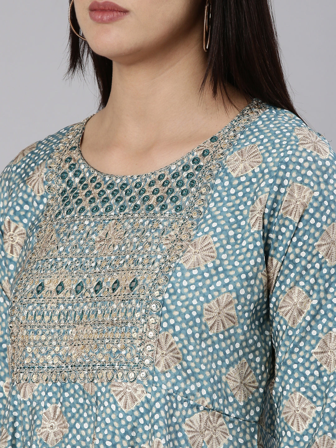 Neerus Blue Shantoon straight kurta set yoke design - detail view 1