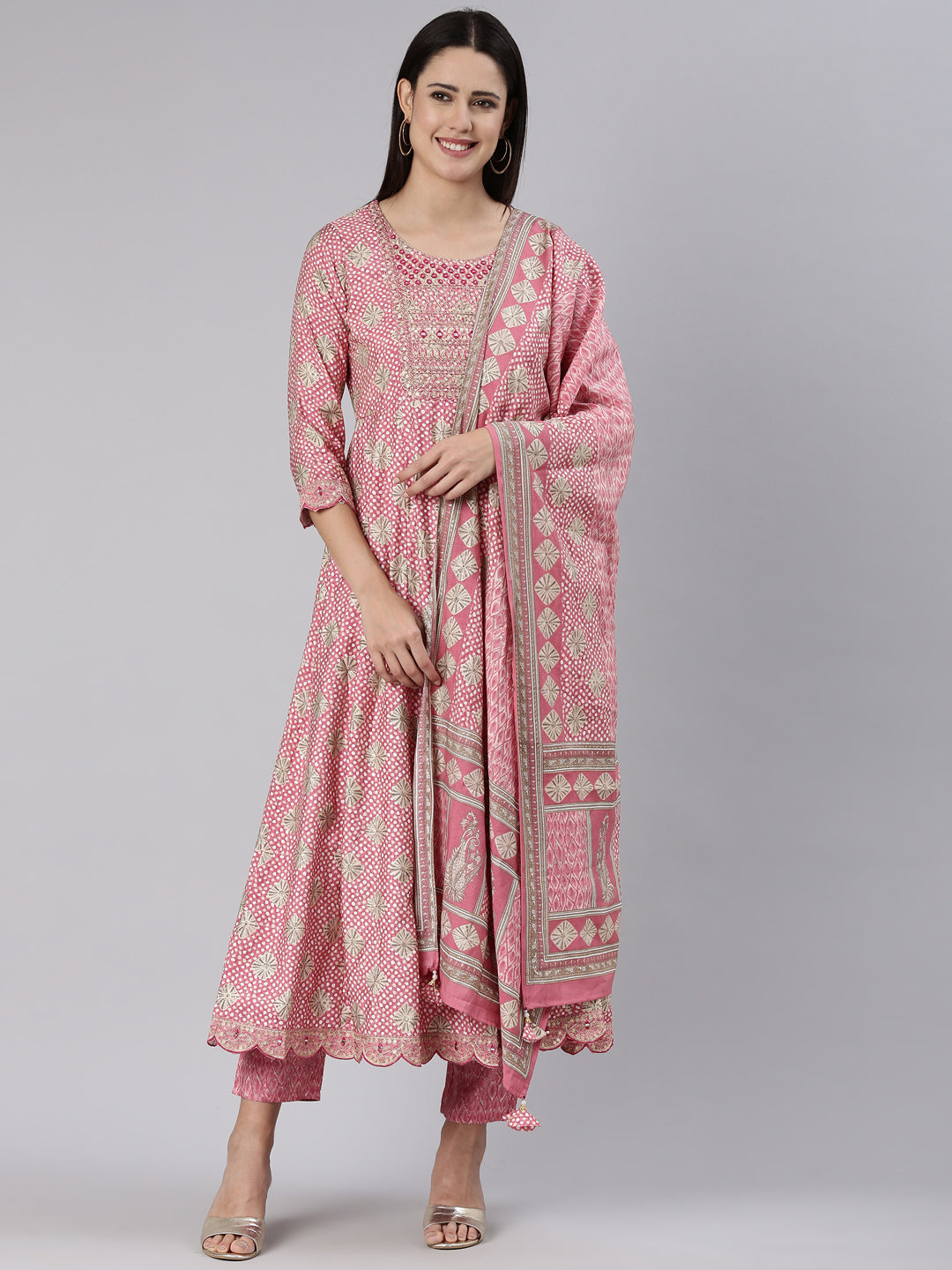 Neerus Pink Regular Straight Yoke Design Kurta And Trousers With Dupatta