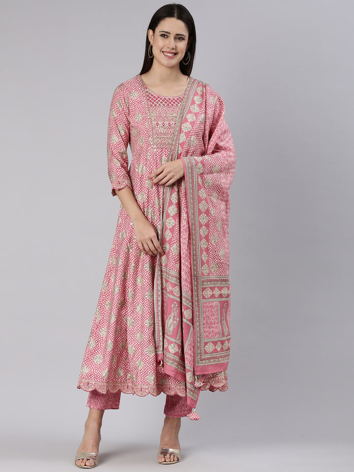 Neerus Pink Regular Straight Yoke Design Kurta And Trousers With Dupatta